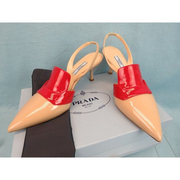 NIB PRADA 1I270L BEIGE RED PATENT LEATHER POINTED TOE SANDALS MULES PUMPS 39 IT - Picture 8 of 12